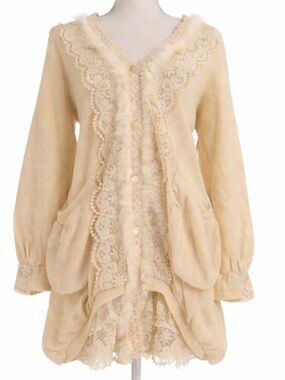 B chic Boho Cream Lace Trim Cardigan Sweater with Pockets size L